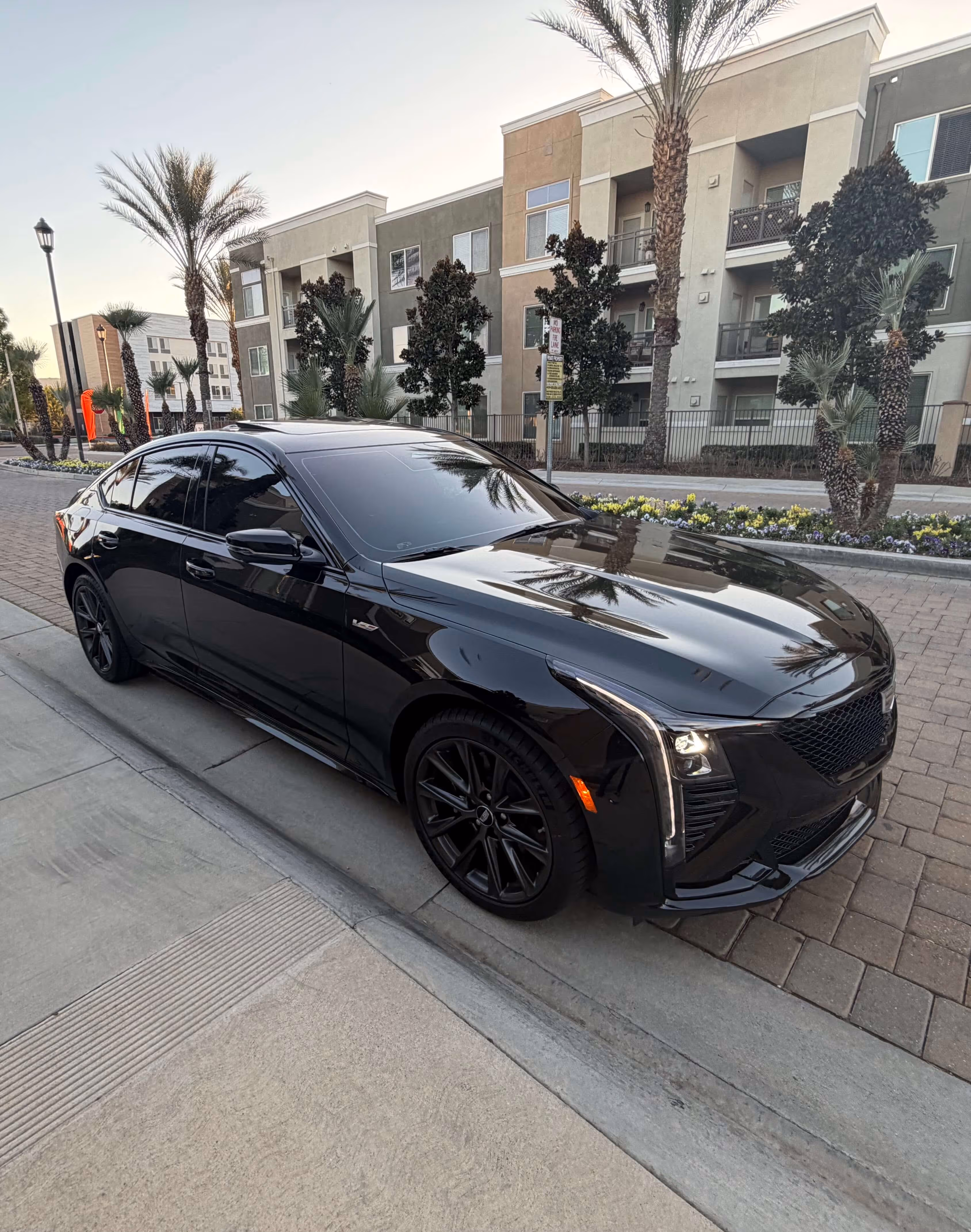 Black Cadillac Lyriq with tinted windows parked outside apartment complex
