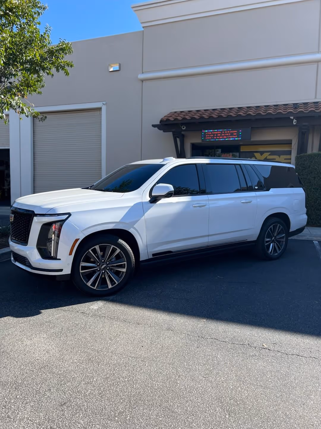White Cadillac Escalade IQ with dark window tint parked outside Tint Masters